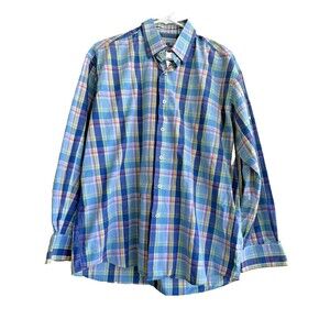 Alan Flusser Mens Large Multi Color Plaid Dress Shirt Button Down Long Sleeves